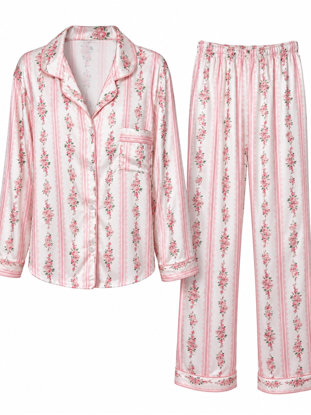 Women's Pink Floral Satin Pajama Set